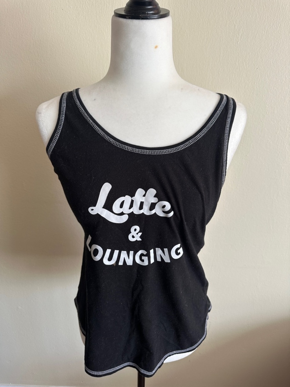 Secret Treasures Black Tank Top with White 'Latte & Lounging' Graphic
